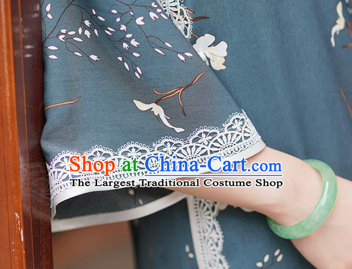 Republic of China Classical Printing Blue Qipao Dress Traditional Minguo Young Lady Mandarin Sleeve Cheongsam