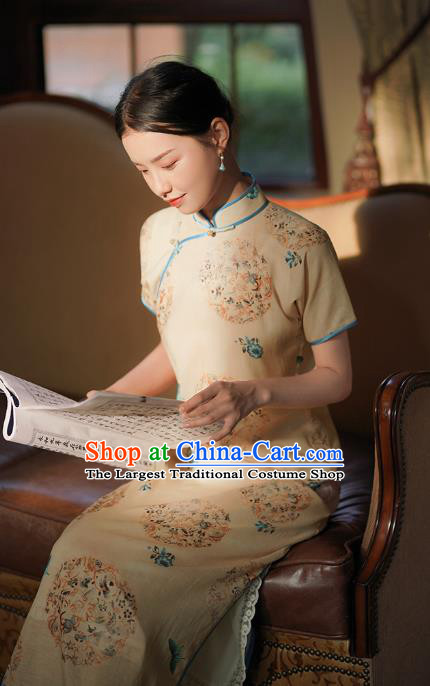 Republic of China Classical Printing Butterfly Qipao Dress Traditional Minguo Shanghai Woman Apricot Cheongsam