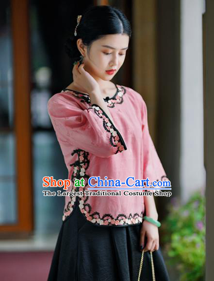 Chinese National Pink Silk Shirt Tang Suit Upper Outer Garment Woman Blouse Clothing