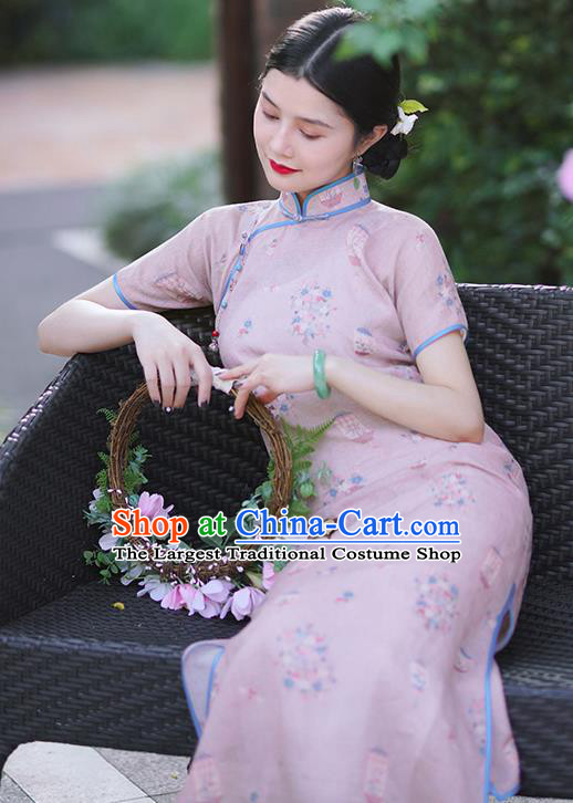Republic of China Classical Printing Lilac Ramine Qipao Dress Traditional Minguo Shanghai Young Woman Cheongsam