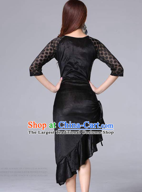 Asian Oriental Dance Raks Sharki Costume Indian Belly Dance Training Black Velvet Lace Dress