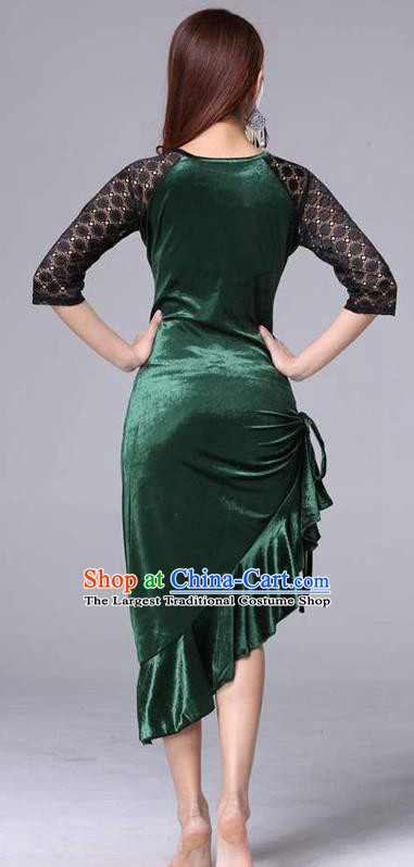 Asian Oriental Dance Training Costume Indian Belly Dance Deep Green Velvet Lace Dress