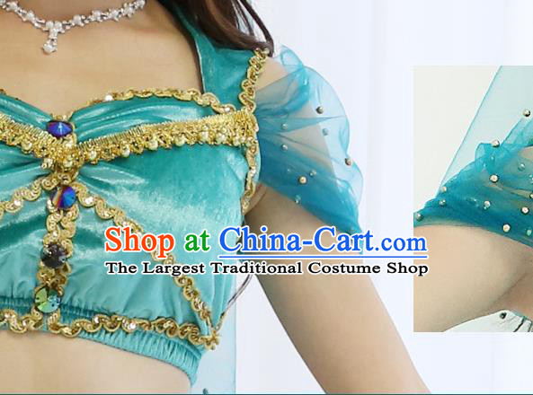 Indian Folk Dance Performance Clothing Belly Dance Bollywood Princess Jasmine Blue Top and Pants Uniforms