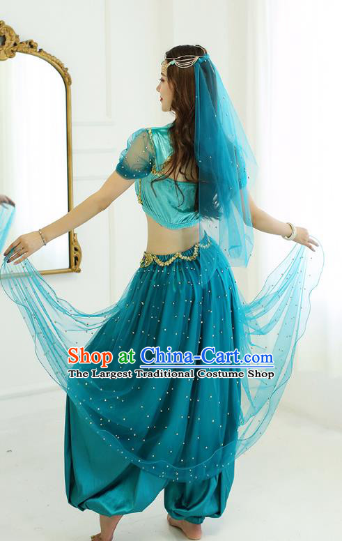 Indian Folk Dance Performance Clothing Belly Dance Bollywood Princess Jasmine Blue Top and Pants Uniforms