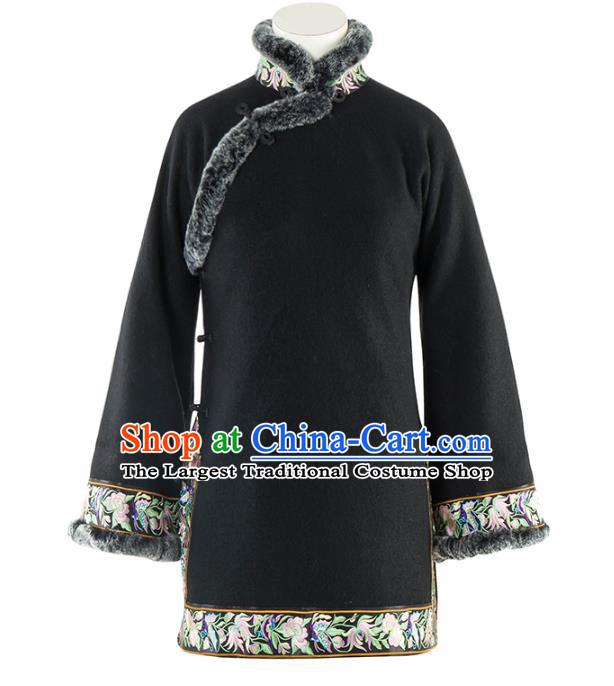 Chinese Tang Suit Outer Garment Woman Winter Clothing National Embroidered Black Woolen Jacket