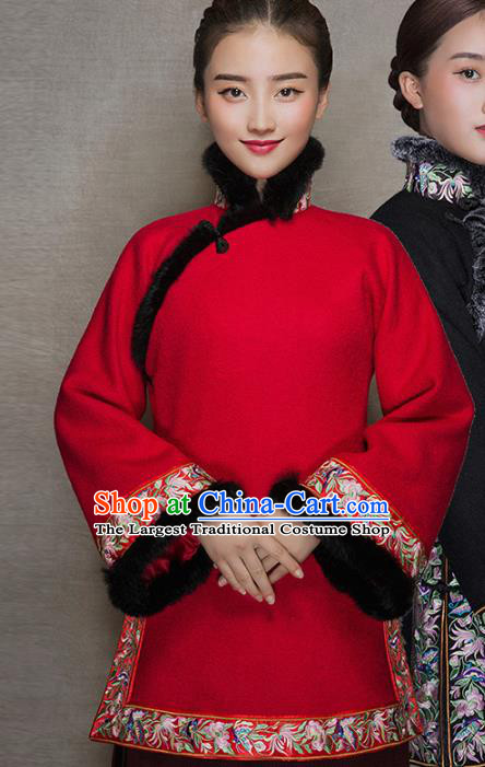 Chinese National Embroidered Red Woolen Jacket Tang Suit Outer Garment Woman Winter Clothing
