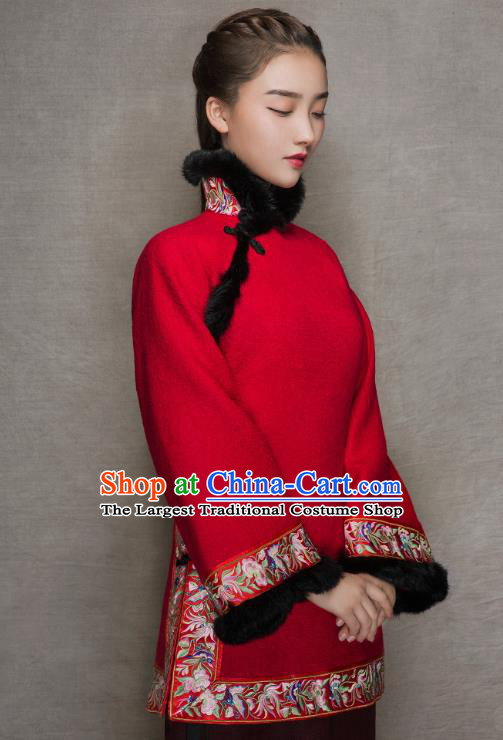 Chinese National Embroidered Red Woolen Jacket Tang Suit Outer Garment Woman Winter Clothing