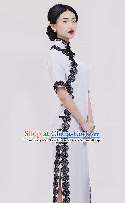 China Traditional Stage Show Qipao Dress Classical Copper Pattern Silk Cheongsam