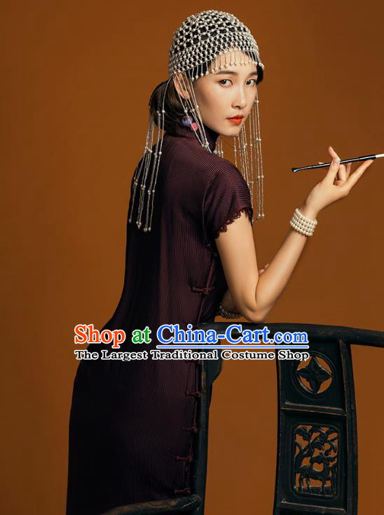 China Classical Lace Sleeve Cheongsam Traditional Young Lady Deep Purple Qipao Dress