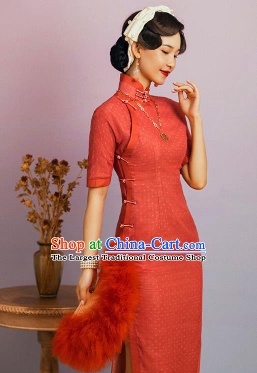 China Classical Stage Performance Cheongsam Traditional Shanghai Young Beauty Red Flax Qipao Dress