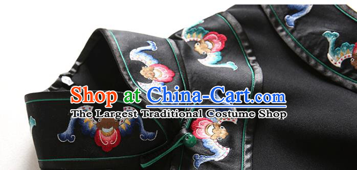 China Classical Stand Collar Black Silk Cheongsam Traditional Minguo Embroidered Sleeveless Qipao Dress