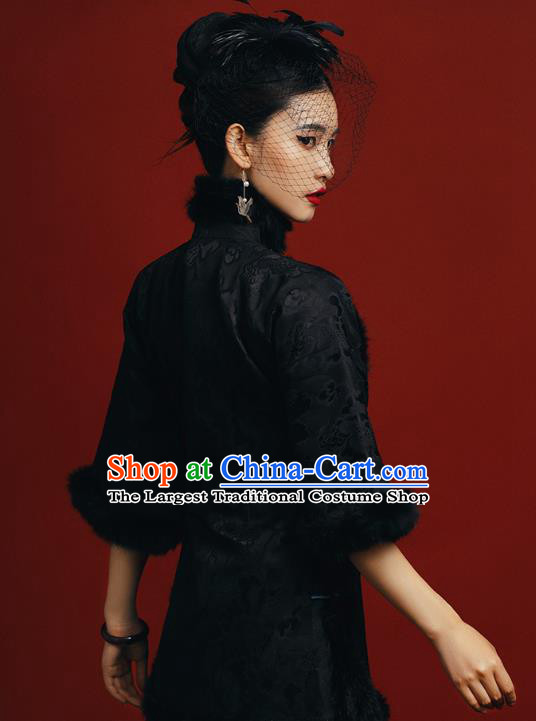 Chinese Tang Suit Overcoat Outer Garment Clothing National Winter Black Silk Cotton Wadded Jacket