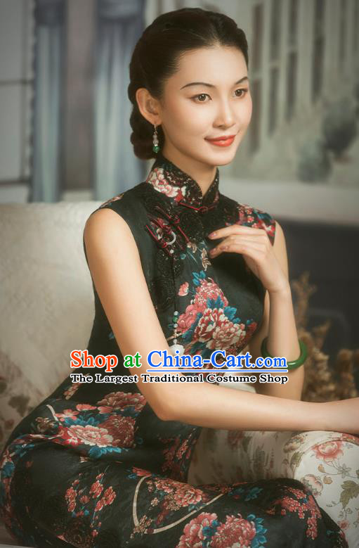 China Classical Printing Black Silk Cheongsam Traditional Minguo Shanghai Woman Qipao Dress