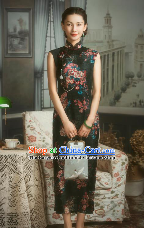 China Classical Printing Black Silk Cheongsam Traditional Minguo Shanghai Woman Qipao Dress