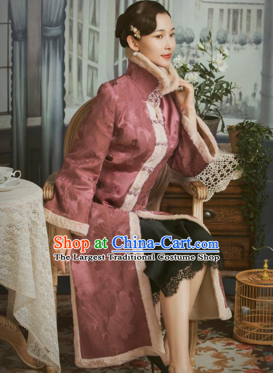 Chinese National Cotton Wadded Coat Tang Suit Pink Gambiered Guangdong Gauze Overcoat Clothing