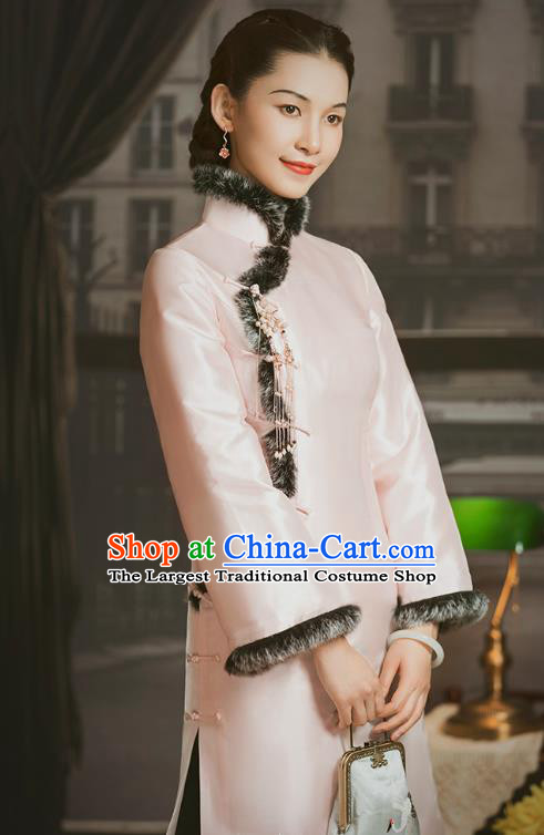Chinese National Pink Silk Cotton Wadded Coat Tang Suit Outer Garment Clothing