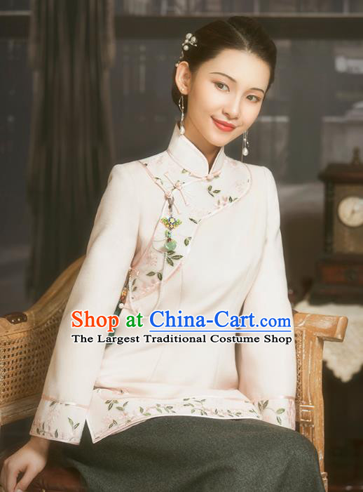 Chinese National Winter Upper Outer Garment Clothing Tang Suit White Woolen Jacket