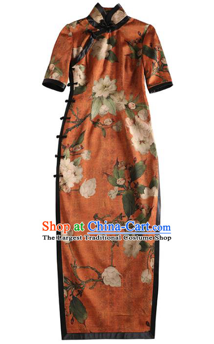 China Classical Printing Flowers Silk Cheongsam Traditional Minguo Gambiered Guangdong Gauze Qipao Dress