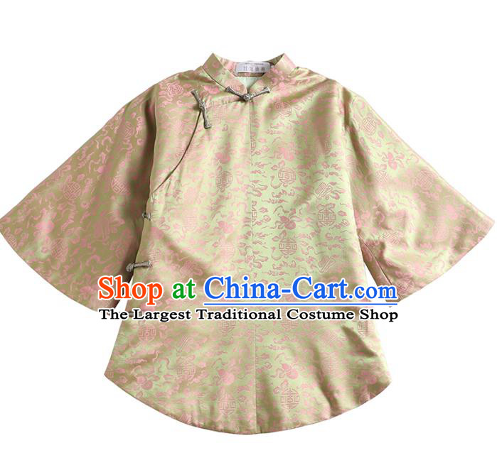 Chinese National Woman Clothing Tang Suit Light Green Brocade Jacket Outer Garment