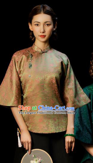 Chinese National Woman Clothing Tang Suit Light Green Brocade Jacket Outer Garment