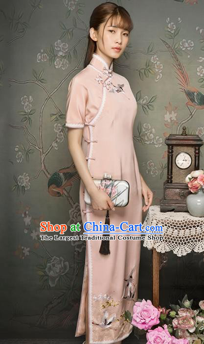 China Classical Embroidered Cranes Cheongsam Traditional Minguo Young Lady Light Pink Qipao Dress
