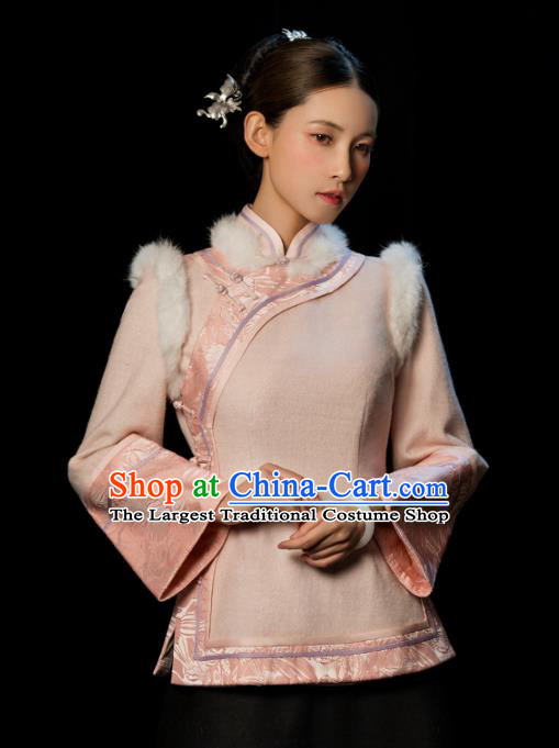 Chinese National Woman Outer Garment Clothing Tang Suit Pink Woolen Jacket