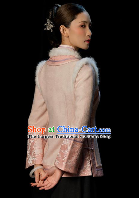 Chinese National Woman Outer Garment Clothing Tang Suit Pink Woolen Jacket