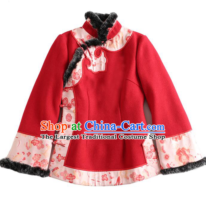 Chinese Tang Suit Red Woolen Jacket National Woman Outer Garment Clothing