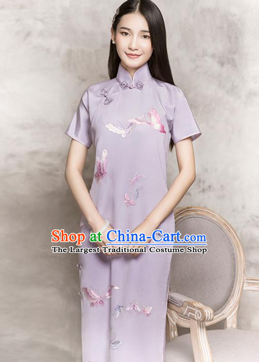 Republic of China Suzhou Embroidered Butterfly Cheongsam Traditional Minguo Young Lady Lilac Silk Qipao Dress