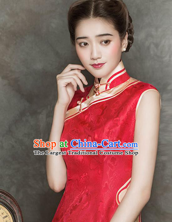China Modern Red Silk Cheongsam Traditional Wedding Bride Short Qipao Dress