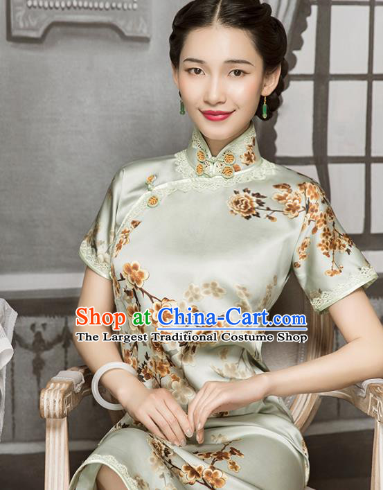 China Classical Printing Plum Blossom Silk Cheongsam Traditional Lace Light Green Qipao Dress