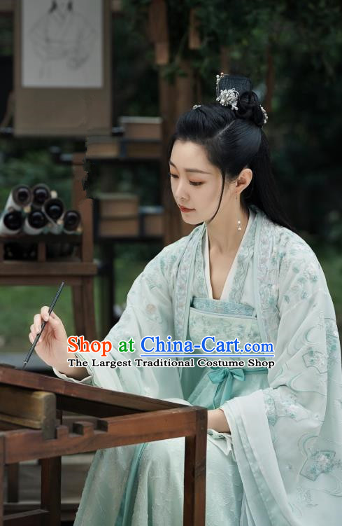 China Ancient Young Beauty Blue Dress Costumes Traditional Ming Dynasty Rich Lady Hanfu Clothing