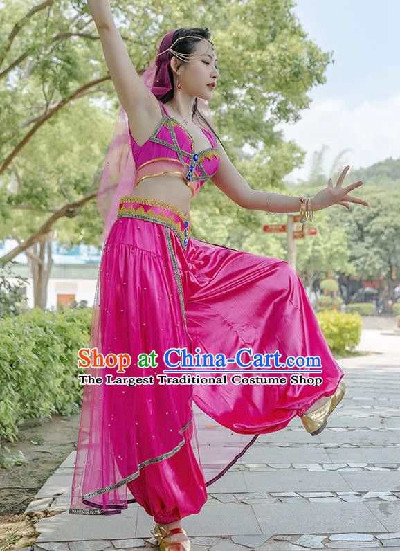 Indian Bollywood Princess Jasmine Rosy Top and Pants Folk Dance Performance Clothing Belly Dance Uniforms