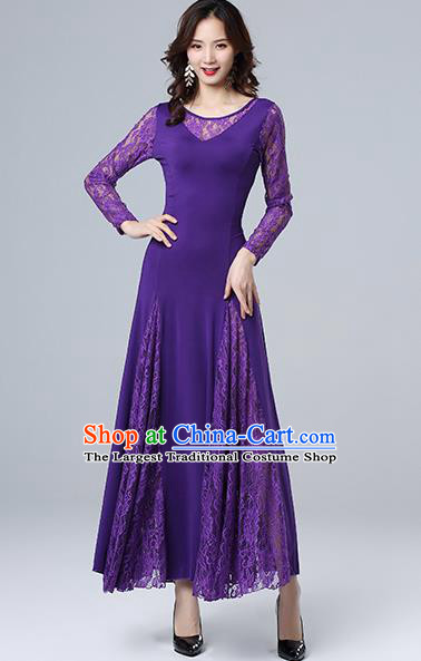 Top Ballroom Waltz Dance Purple Lace Dress Stage Performance Fashion Modern Dance Clothing