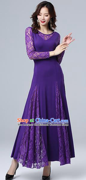 Top Ballroom Waltz Dance Purple Lace Dress Stage Performance Fashion Modern Dance Clothing