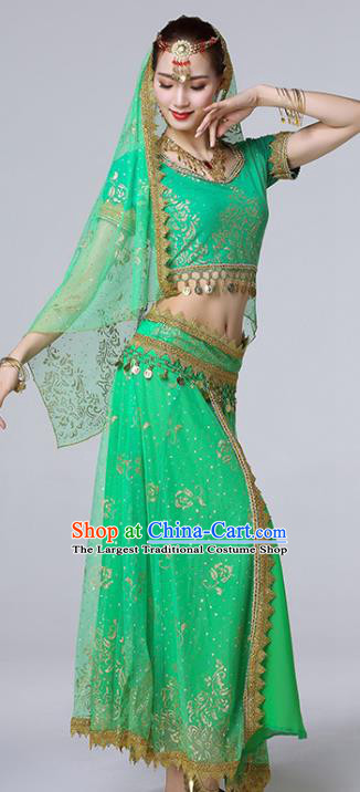 Indian Bollywood Dance Performance Clothing Belly Dance Uniforms Tianzhu Princess Green Blouse and Skirt