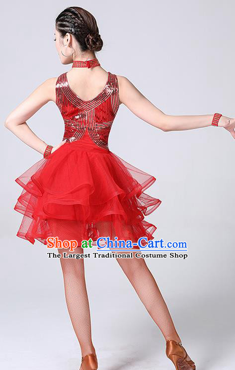 Top Latin Dance Red Bubble Dress Stage Performance Sexy Fashion Clothing Modern Show Dancewear