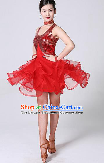 Top Latin Dance Red Bubble Dress Stage Performance Sexy Fashion Clothing Modern Show Dancewear
