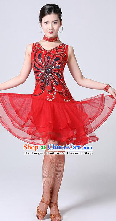 Top Grade Latin Dance Competition Cha Cha Red Tassel Dress Modern