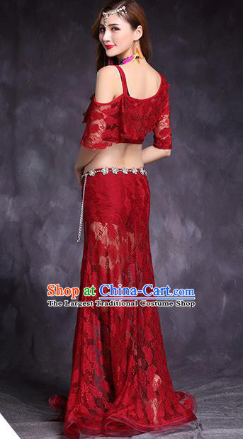 Asian Oriental Dance Uniforms Professional Belly Dance Stage Performance Costume Indian Raks Sharki Red Lace Top and Skirt