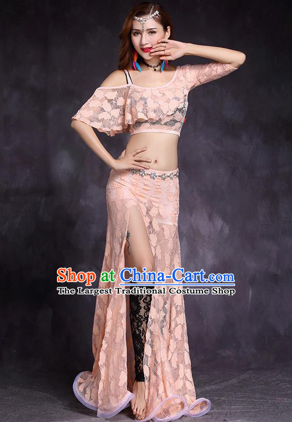 Indian Raks Sharki Pink Lace Top and Skirt Asian Oriental Dance Uniforms Professional Belly Dance Stage Performance Costume