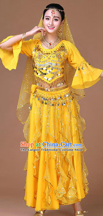Indian Princess Dance Sequins Blouse and Skirt Belly Dance Yellow Uniforms Bollywood Sexy Dance Clothing
