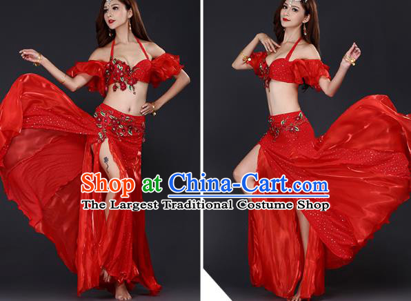 Indian Oriental Dance Red Bra and Skirt Uniforms Asian Belly Dance Training Costumes