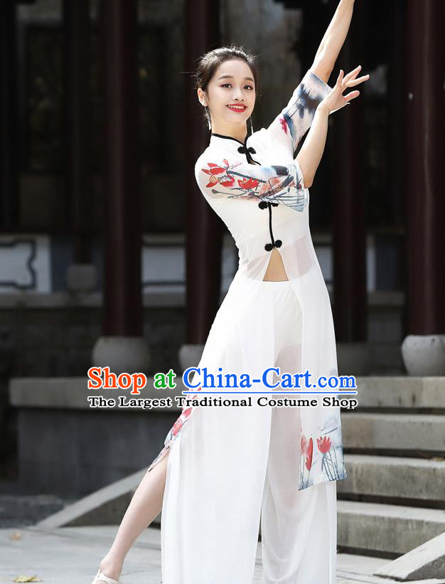 China Stage Performance Dancewear Classical Dance Clothing Ink Painting Lotus White Top Dress