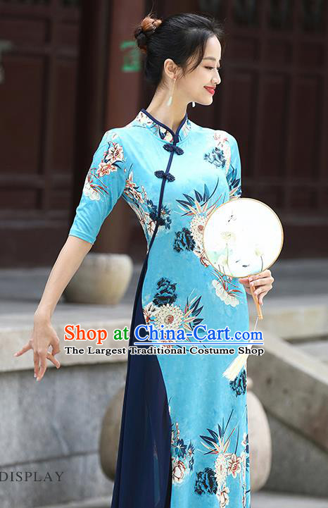 China Palace Fan Dance Printing Blue Qipao Dress Stage Performance Dancewear Classical Dance Clothing