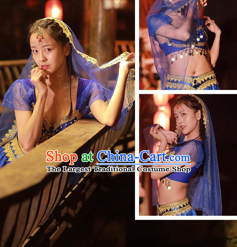 Traditional Belly Dance Uniforms Asian Bollywood Performance Clothing Indian Jasmine Princess Royalblue Sequins Blouse and Skirt