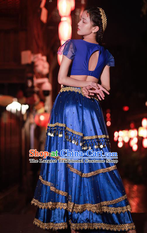 Traditional Belly Dance Uniforms Asian Bollywood Performance Clothing Indian Jasmine Princess Royalblue Sequins Blouse and Skirt