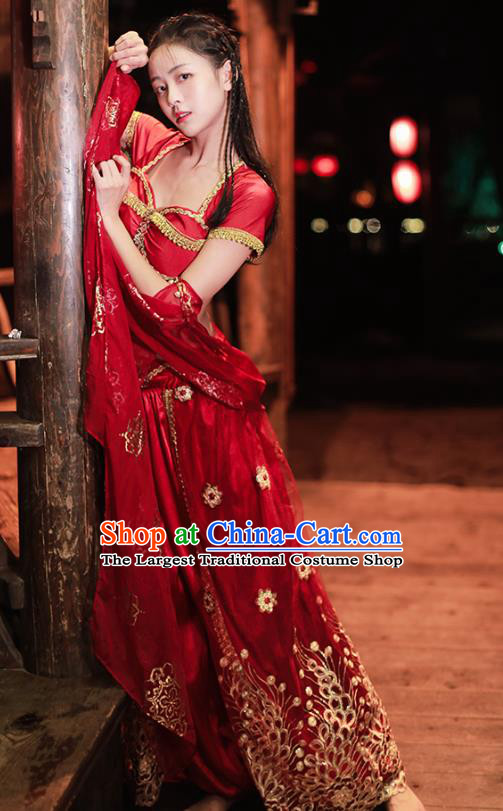 Asian Bollywood Performance Clothing Indian Jasmine Princess Red Sequins Blouse and Skirt Traditional Belly Dance Uniforms