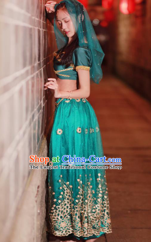 Asian Traditional Belly Dance Green Uniforms Bollywood Performance Clothing Indian Jasmine Princess Blouse and Skirt