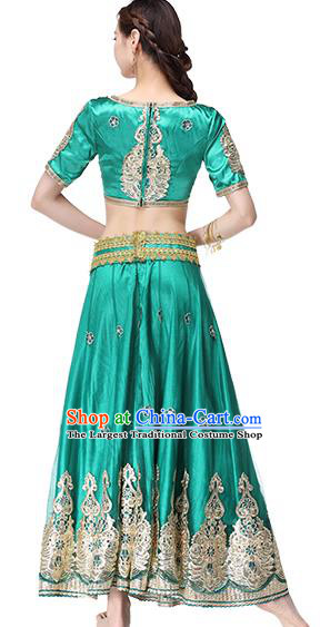 Indian Bollywood Dance Dress Belly Dance Clothing Asian Performance Costume Embroidered Green Blouse and Skirt